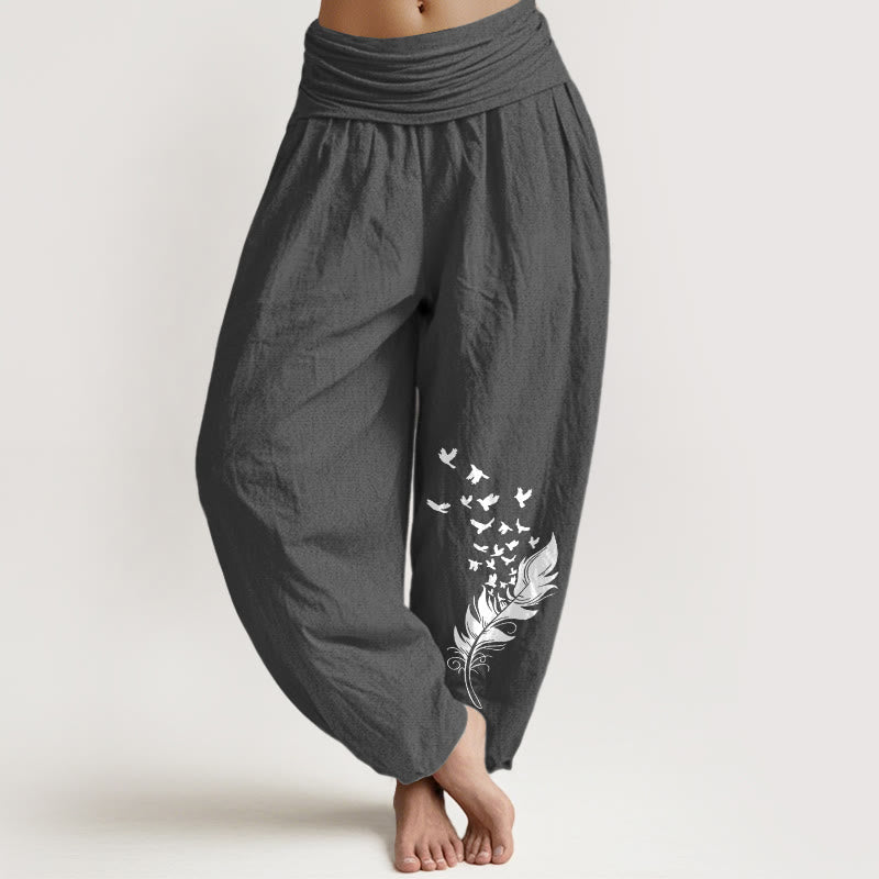 Buddha Stones Damen-Haremshose aus reiner Baumwolle mit lebhaftem Vogelfedermuster und elastischem Bund - DimGray - US16, UK/AU20, EU48 (3XL) - image 0