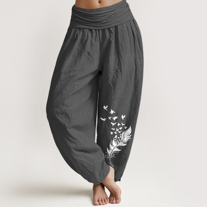 Buddha Stones Damen-Haremshose aus reiner Baumwolle mit lebhaftem Vogelfedermuster und elastischem Bund - DimGray - US16, UK/AU20, EU48 (3XL) - image 0