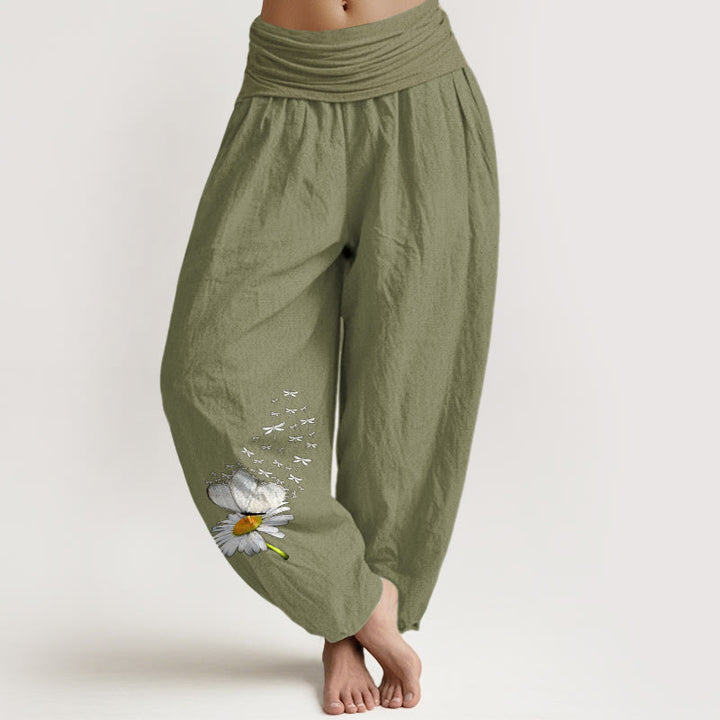 Buddha Stones Elegante Haremshose aus reiner Baumwolle mit Gänseblümchen-, Schmetterlings- und Libellenmuster, elastischer Bund, Damen - Olivgrün - US16, UK/AU20, EU48 (3XL) - image 0