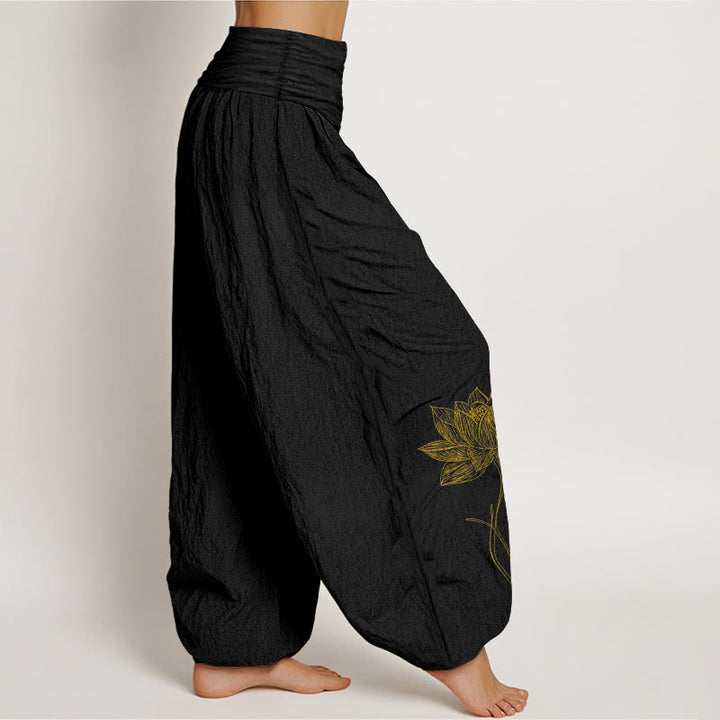 Buddha Stones Elegante Haremshose aus reiner Baumwolle mit Lotusblumenmuster und elastischem Bund. - image 2