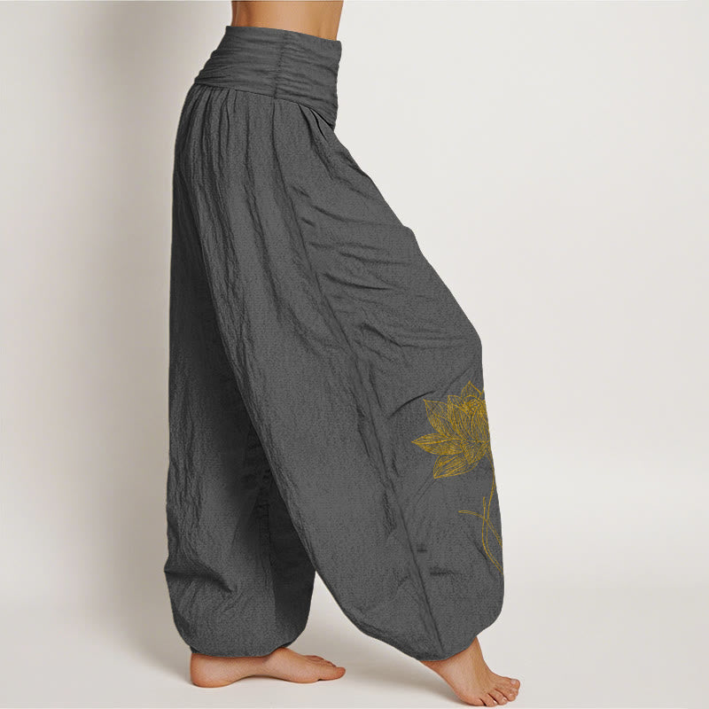 Buddha Stones Elegante Haremshose aus reiner Baumwolle mit Lotusblumenmuster und elastischem Bund. - image 10