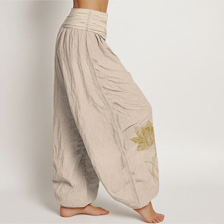 Buddha Stones Elegante Haremshose aus reiner Baumwolle mit Lotusblumenmuster und elastischem Bund. - image 13