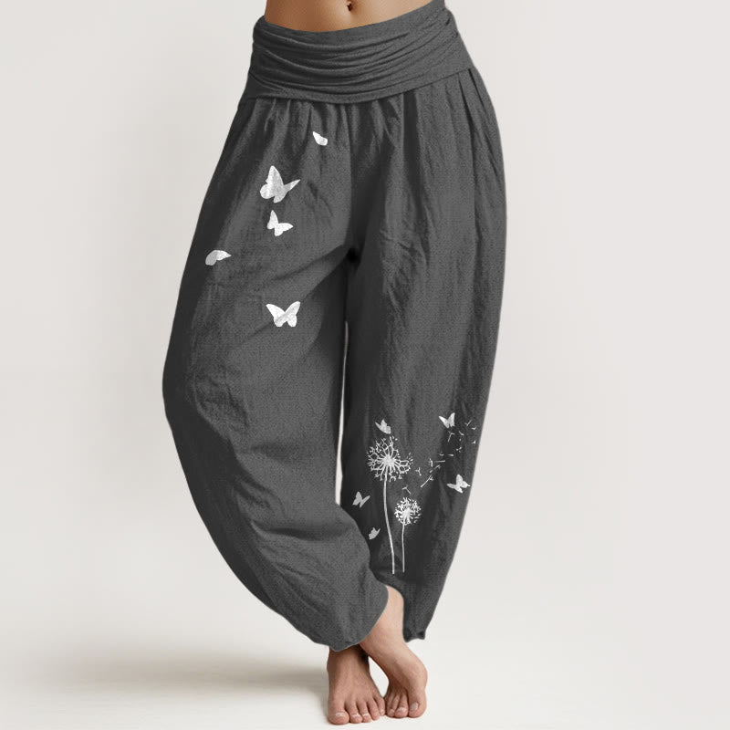 Buddha Stones Elegante Haremshose aus reiner Baumwolle mit Schmetterlings- und Löwenzahnmuster, elastischer Bund, für Damen - DimGray - US16, UK/AU20, EU48 (3XL) - image 8