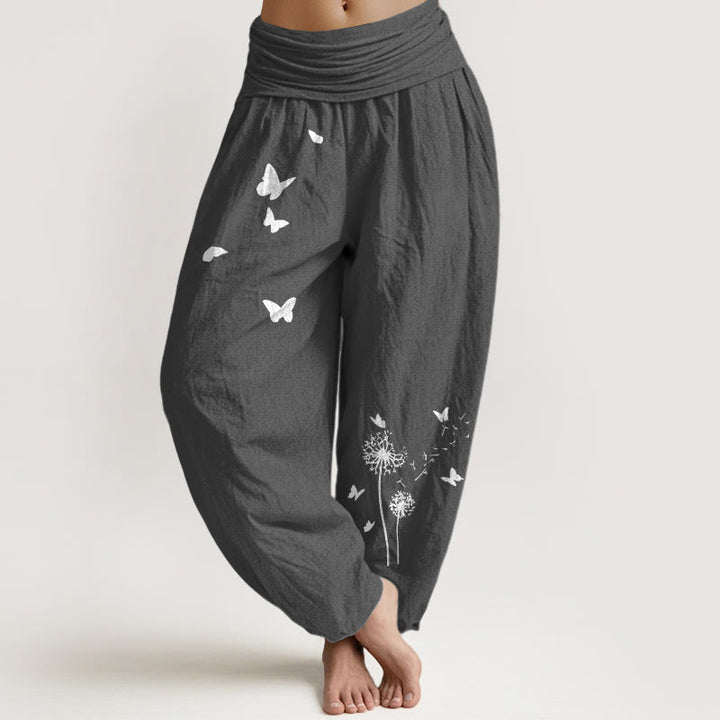 Buddha Stones Elegante Haremshose aus reiner Baumwolle mit Schmetterlings- und Löwenzahnmuster, elastischer Bund, für Damen - DimGray - US16, UK/AU20, EU48 (3XL) - image 8