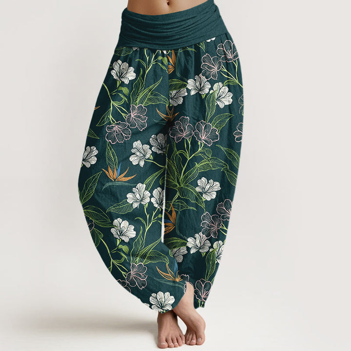 Buddha Stones Baumwoll-Haremshose für Damen mit kontrastfarbenem Blumen- und Blättermuster, elastischem Bund - Türkis - US16, UK/AU20, EU48 (3XL) - image 0
