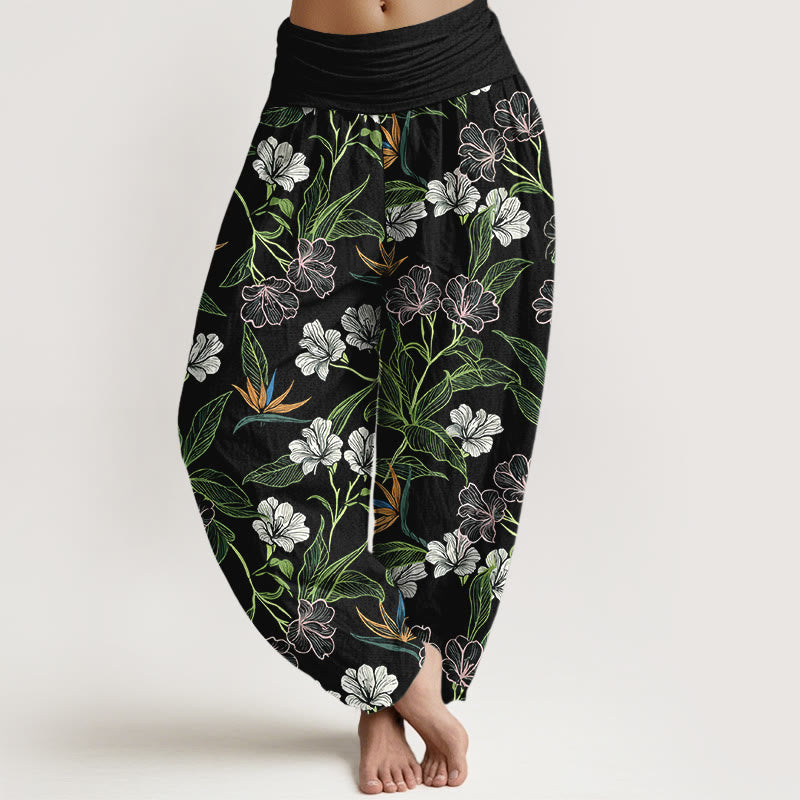 Buddha Stones Baumwoll-Haremshose für Damen mit kontrastfarbenem Blumen- und Blättermuster, elastischem Bund - Schwarz - US16, UK/AU20, EU48 (3XL) - image 5
