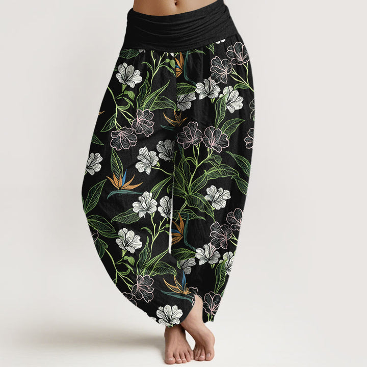 Buddha Stones Baumwoll-Haremshose für Damen mit kontrastfarbenem Blumen- und Blättermuster, elastischem Bund - Schwarz - US16, UK/AU20, EU48 (3XL) - image 5