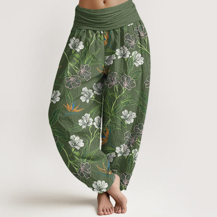 Buddha Stones Baumwoll-Haremshose für Damen mit kontrastfarbenem Blumen- und Blättermuster, elastischem Bund - Olivgrün - US16, UK/AU20, EU48 (3XL) - image 8
