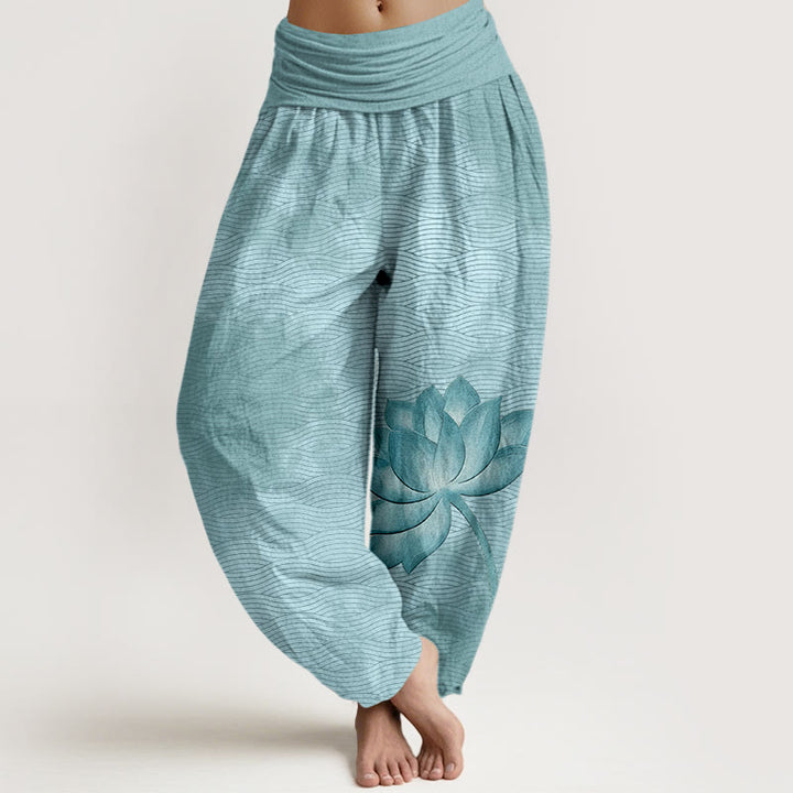 Buddha Stones Baumwoll-Haremshose für Damen mit hellem Lotus-Wellenmuster und elastischem Bund - Himmelblau - US16, UK/AU20, EU48 (3XL) - image 0