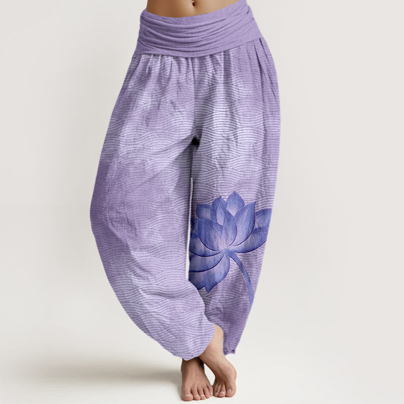 Buddha Stones Baumwoll-Haremshose für Damen mit hellem Lotus-Wellenmuster und elastischem Bund - Mittelviolett - US16, UK/AU20, EU48 (3XL) - image 5