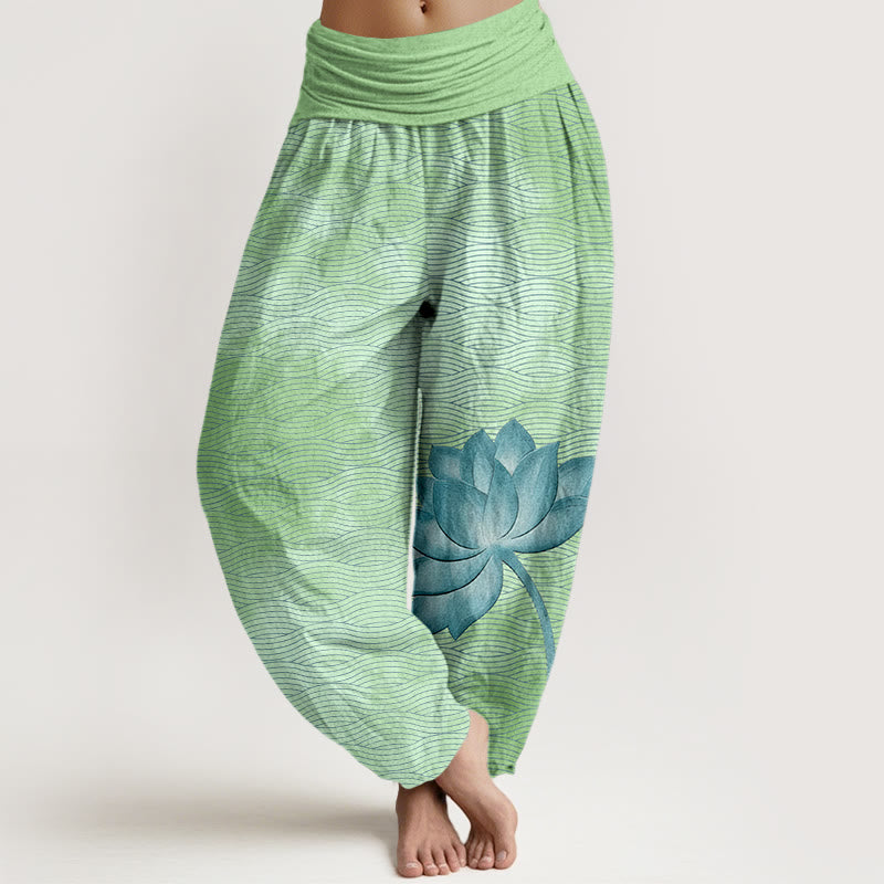 Buddha Stones Baumwoll-Haremshose für Damen mit hellem Lotus-Wellenmuster und elastischem Bund - Hellgrün - US16, UK/AU20, EU48 (3XL) - image 8