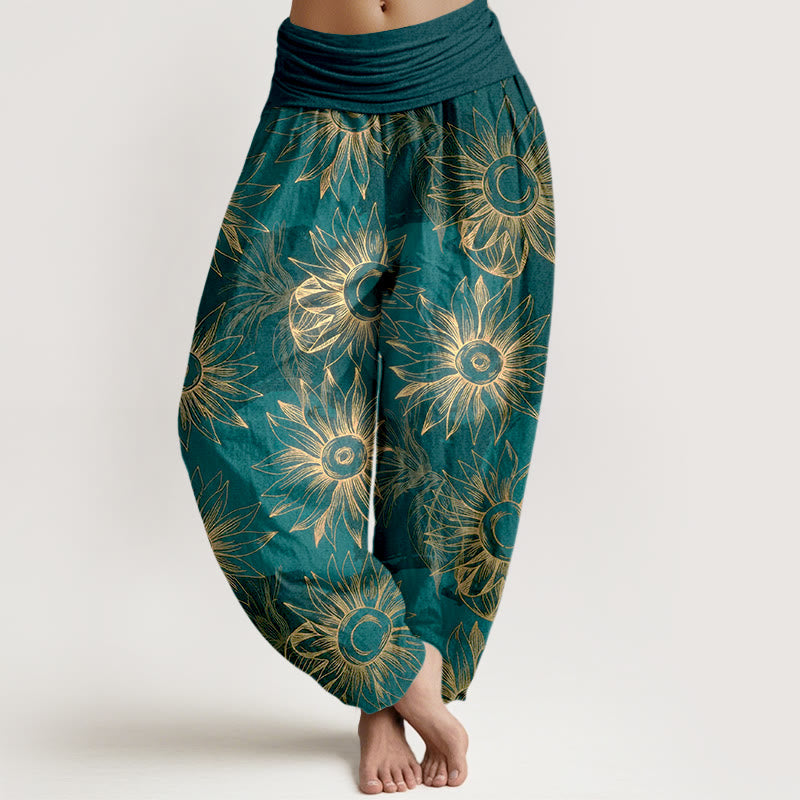 Buddha Stones Baumwoll-Haremshose mit Retro-Blumenmuster und elastischem Bund für Damen - Dunkelcyan - US16, UK/AU20, EU48 (3XL) - image 0