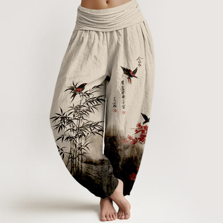 Buddha Stones Klassische Haremshose aus Baumwolle mit Bambus-, Vogel- und Blumenmuster, elastischer Bund, für Damen. - Antikweiß - US16, UK/AU20, EU48 (3XL) - image 0