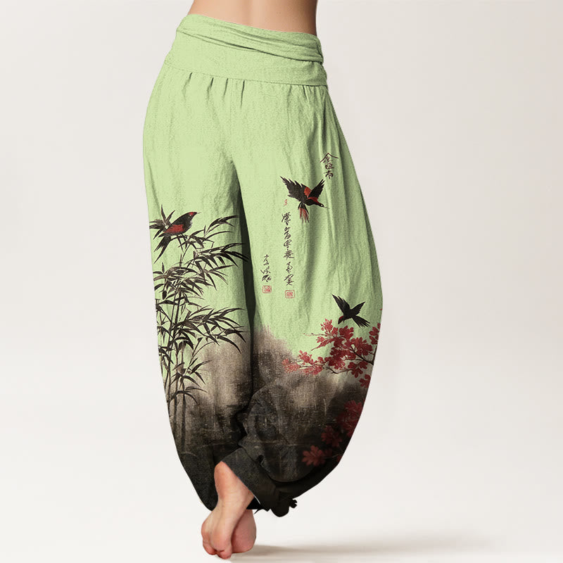 Buddha Stones Klassische Haremshose aus Baumwolle mit Bambus-, Vogel- und Blumenmuster, elastischer Bund, für Damen. - image 6