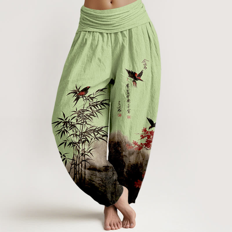 Buddha Stones Klassische Haremshose aus Baumwolle mit Bambus-, Vogel- und Blumenmuster, elastischer Bund, für Damen. - Hellgrün - US16, UK/AU20, EU48 (3XL) - image 5