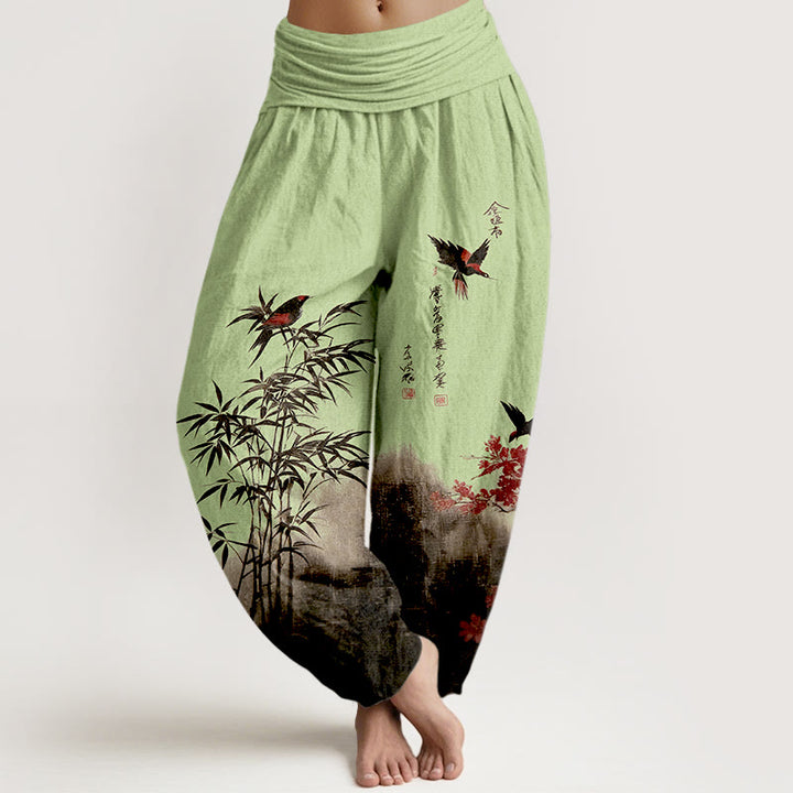 Buddha Stones Klassische Haremshose aus Baumwolle mit Bambus-, Vogel- und Blumenmuster, elastischer Bund, für Damen. - Hellgrün - US16, UK/AU20, EU48 (3XL) - image 5
