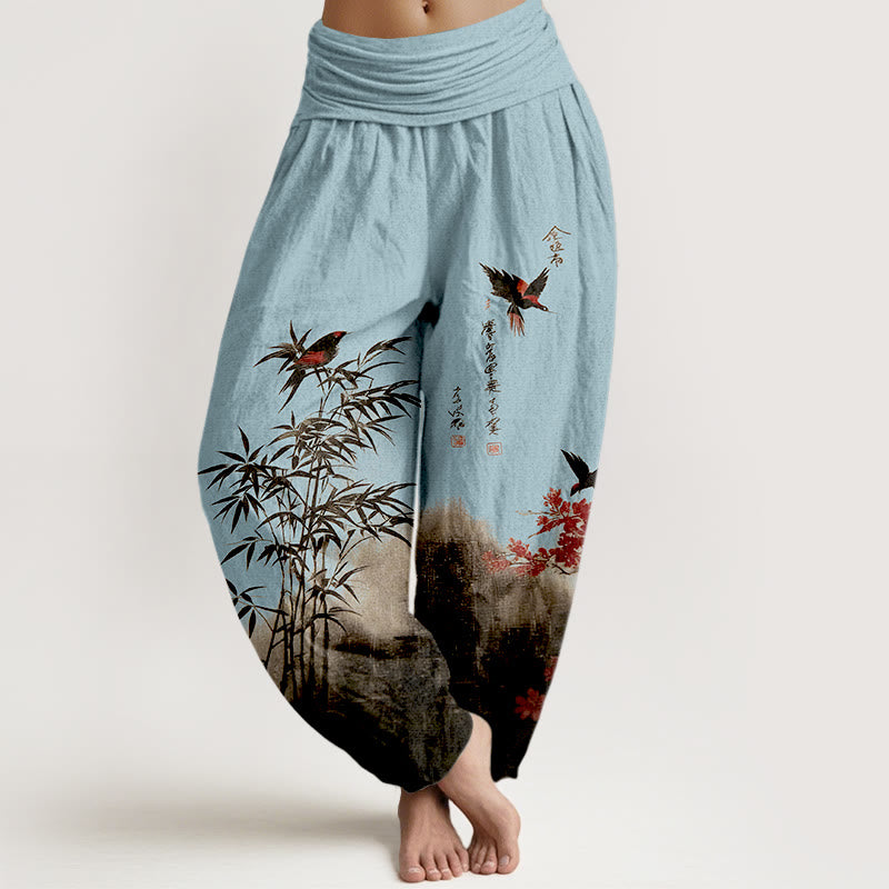 Buddha Stones Klassische Haremshose aus Baumwolle mit Bambus-, Vogel- und Blumenmuster, elastischer Bund, für Damen. - Hellblau - US16, UK/AU20, EU48 (3XL) - image 8