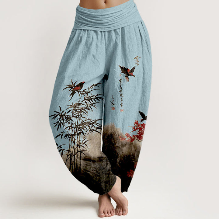 Buddha Stones Klassische Haremshose aus Baumwolle mit Bambus-, Vogel- und Blumenmuster, elastischer Bund, für Damen. - Hellblau - US16, UK/AU20, EU48 (3XL) - image 8