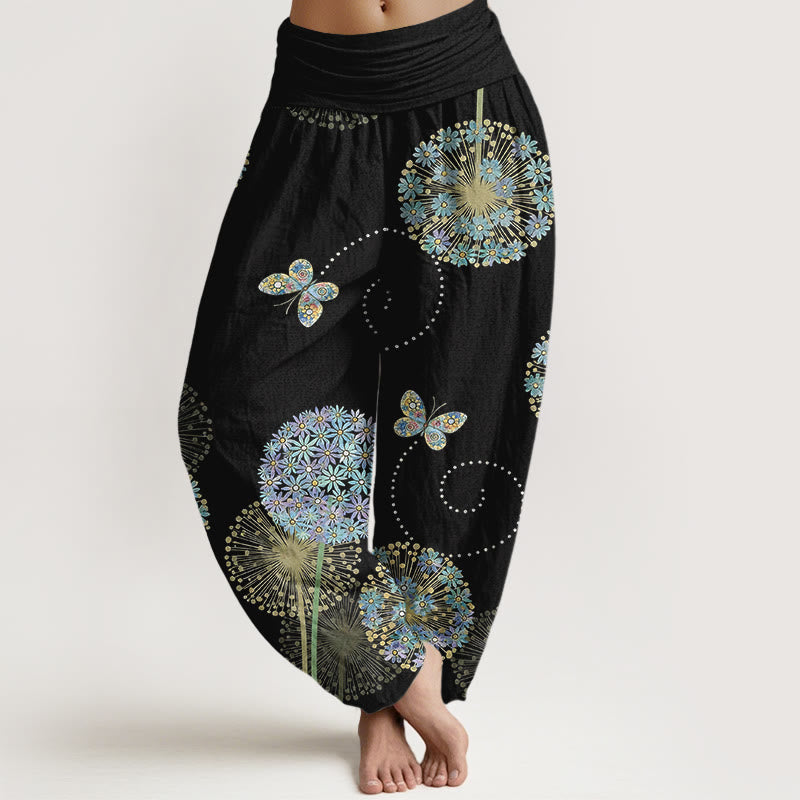 Buddha Stones Baumwoll-Haremshose mit traumhaftem Löwenzahn- und Schmetterlingsmuster, elastischer Bund, Damen - Schwarz - US16, UK/AU20, EU48 (3XL) - image 0