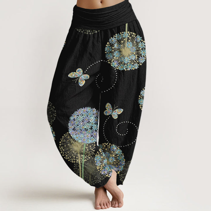 Buddha Stones Baumwoll-Haremshose mit traumhaftem Löwenzahn- und Schmetterlingsmuster, elastischer Bund, Damen - Schwarz - US16, UK/AU20, EU48 (3XL) - image 0