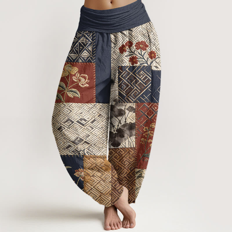Buddha Stones Baumwoll-Haremshose mit Farbblockdesign und geometrischem Blumenmuster, elastischem Bund für Damen - Mitternachtsblau - US16, UK/AU20, EU48 (3XL) - image 0