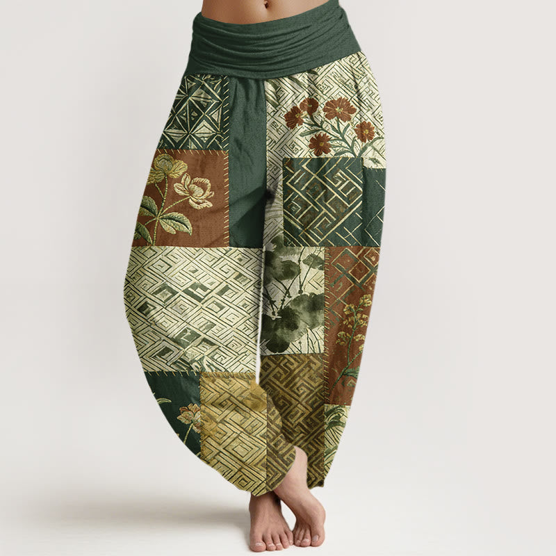 Buddha Stones Baumwoll-Haremshose mit Farbblockdesign und geometrischem Blumenmuster, elastischem Bund für Damen - Dunkelgrün - US16, UK/AU20, EU48 (3XL) - image 8