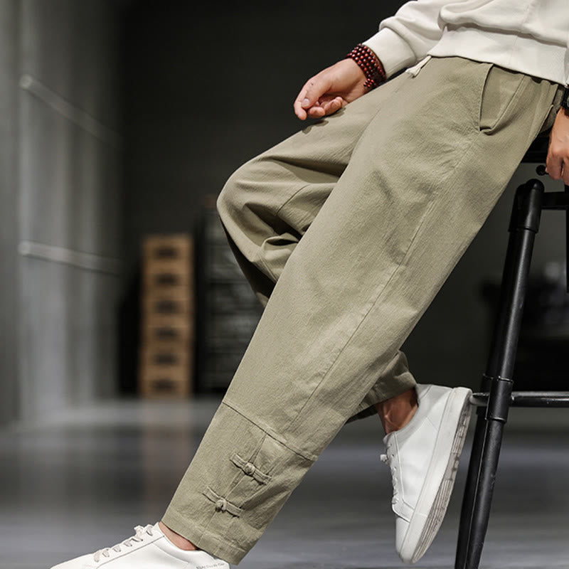 Buddha Stones Herren-Baumwollhose mit Kordelzug, elastischem Bund, Froschknopfverschluss, Knöchellänge und Taschen - Dunkelkhaki - US/ UK/AU46, EU56 (5XL) - image 0