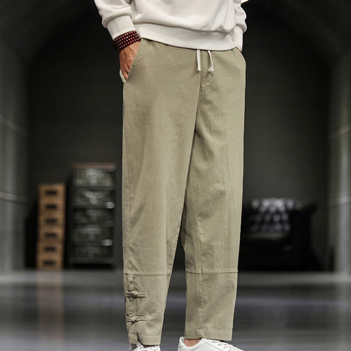 Buddha Stones Herren-Baumwollhose mit Kordelzug, elastischem Bund, Froschknopfverschluss, Knöchellänge und Taschen - image 3