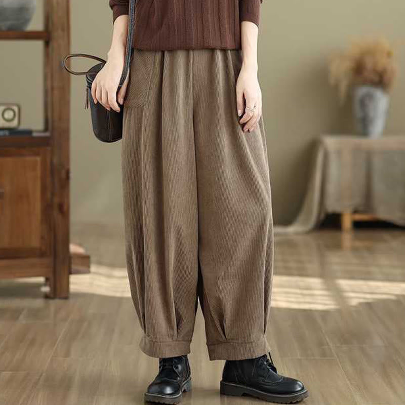 Buddha Stones Winter-Haremshose aus Cord mit Taschen, einfarbig, knöchellang, schlichtes Design - image 9