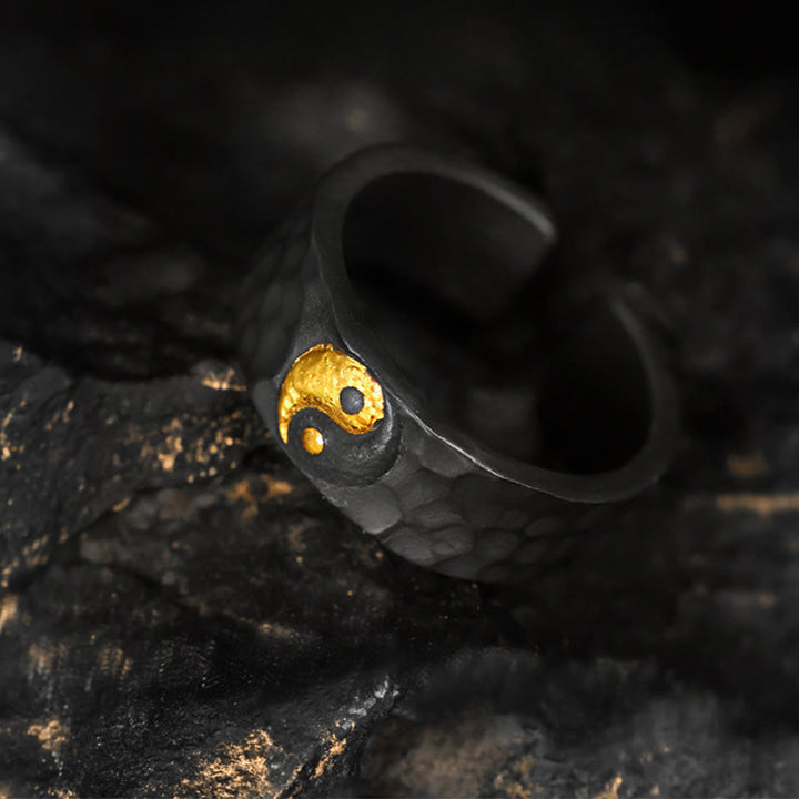 Buddha Stones Handgefertigter Ring aus 999er Sterlingsilber und 999er Gold mit Yin-Yang-Motiv und strukturierter Balance - image 1