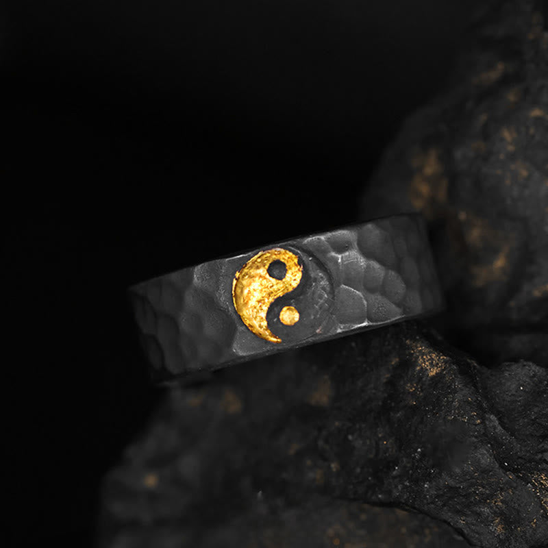 Buddha Stones Handgefertigter Ring aus 999er Sterlingsilber und 999er Gold mit Yin-Yang-Motiv und strukturierter Balance - image 2