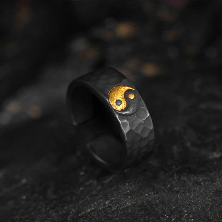 Buddha Stones Handgefertigter Ring aus 999er Sterlingsilber und 999er Gold mit Yin-Yang-Motiv und strukturierter Balance - US8-US10 - image 0