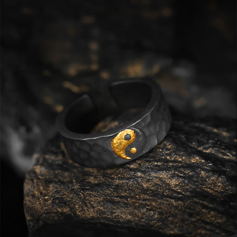 Buddha Stones Handgefertigter Ring aus 999er Sterlingsilber und 999er Gold mit Yin-Yang-Motiv und strukturierter Balance - image 3