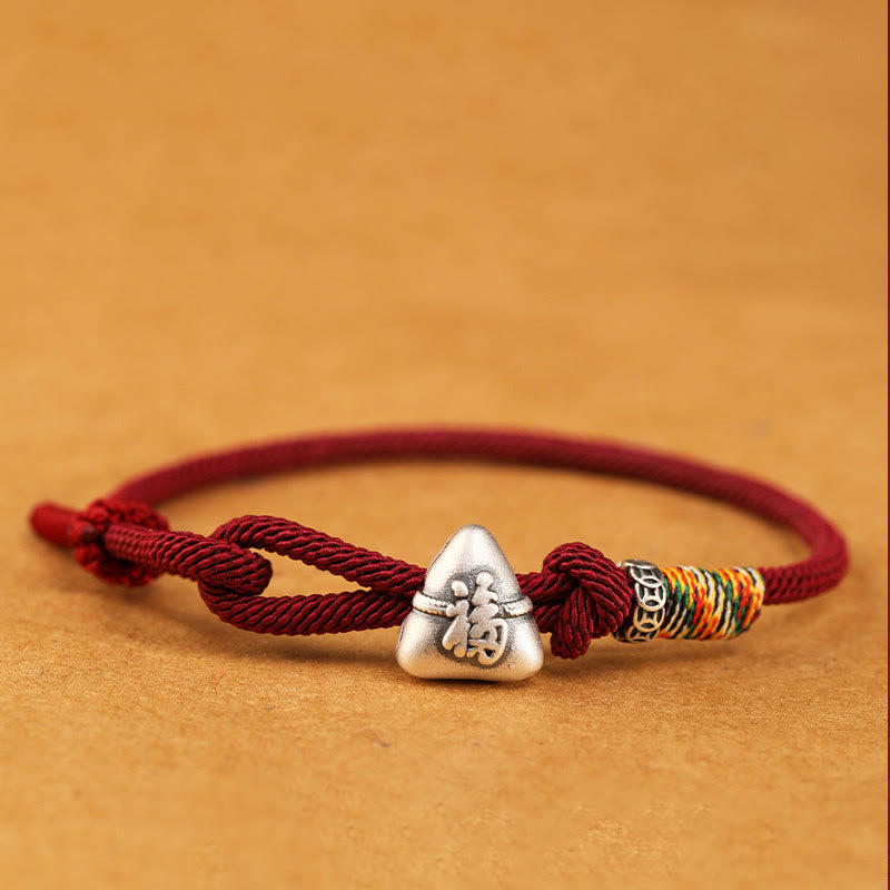 Buddha Stones Armband aus 999er Sterlingsilber mit Fu-Motiv und Zongzi-Glückssymbol - Dunkelrot - 19-21 cm - image 0