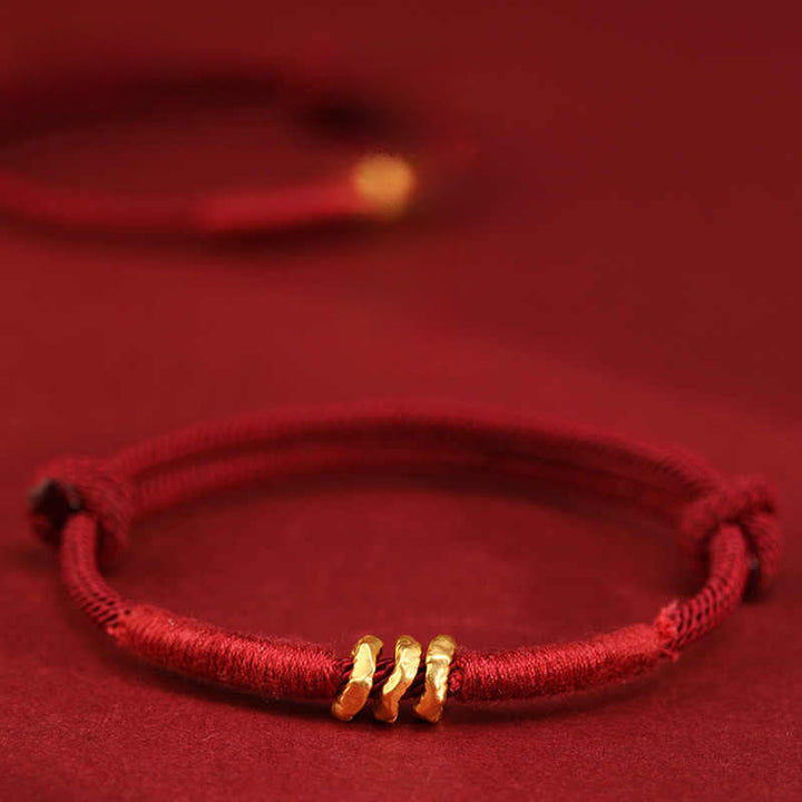 Buddha Stones 999 Gold Ring Design Handgefertigtes Glücksarmband mit geflochtenem rotem Seil - Drei-Perlen-Fußkettchen - Fußkettchen (Fußkettchenumfang 19-23 cm) - image 0