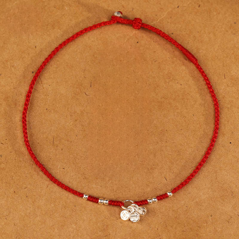 Buddha Stones Handgefertigtes Armband/Fußkettchen aus 925er Sterlingsilber mit Kupfermünzen-Design – Schutz und Stärke, ultradünn - Rotes Armband (Handgelenkumfang 14-18 cm) - image 7