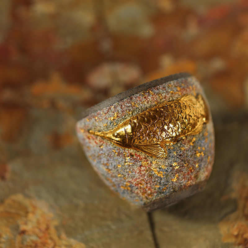 Buddha Stones Goldene Arowana Koi Fisch Keramik-Teetasse Kung Fu Teetasse - image 3