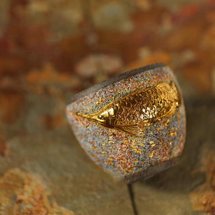Buddha Stones Goldene Arowana Koi Fisch Keramik-Teetasse Kung Fu Teetasse - image 3