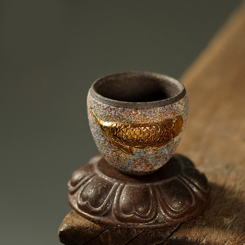 Buddha Stones Goldene Arowana Koi Fisch Keramik-Teetasse Kung Fu Teetasse - image 7