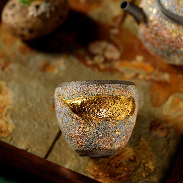 Buddha Stones Goldene Arowana Koi Fisch Keramik-Teetasse Kung Fu Teetasse - image 8
