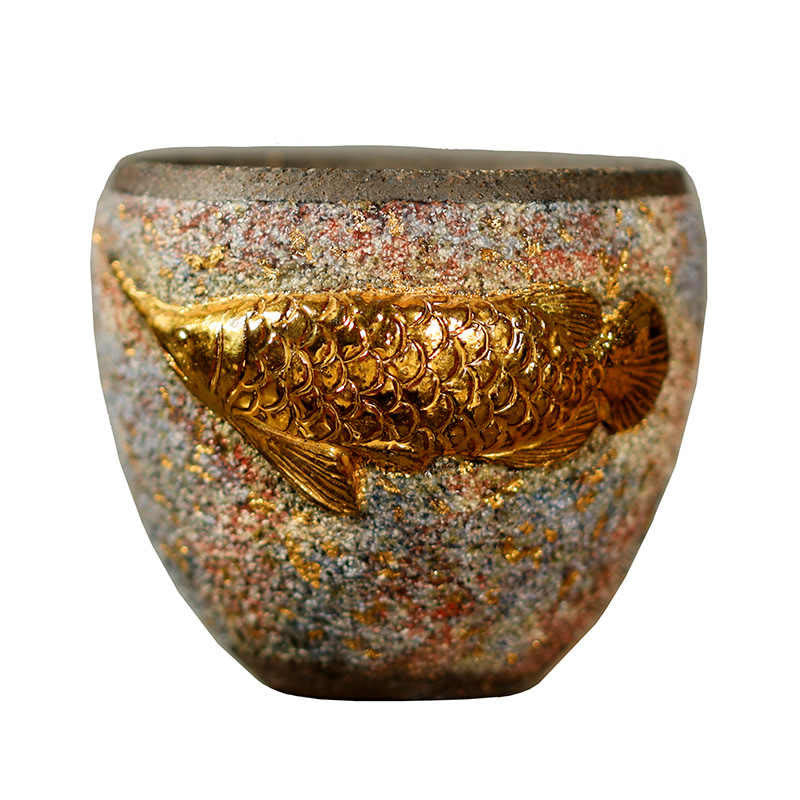 Buddha Stones Goldene Arowana Koi Fisch Keramik-Teetasse Kung Fu Teetasse - image 9