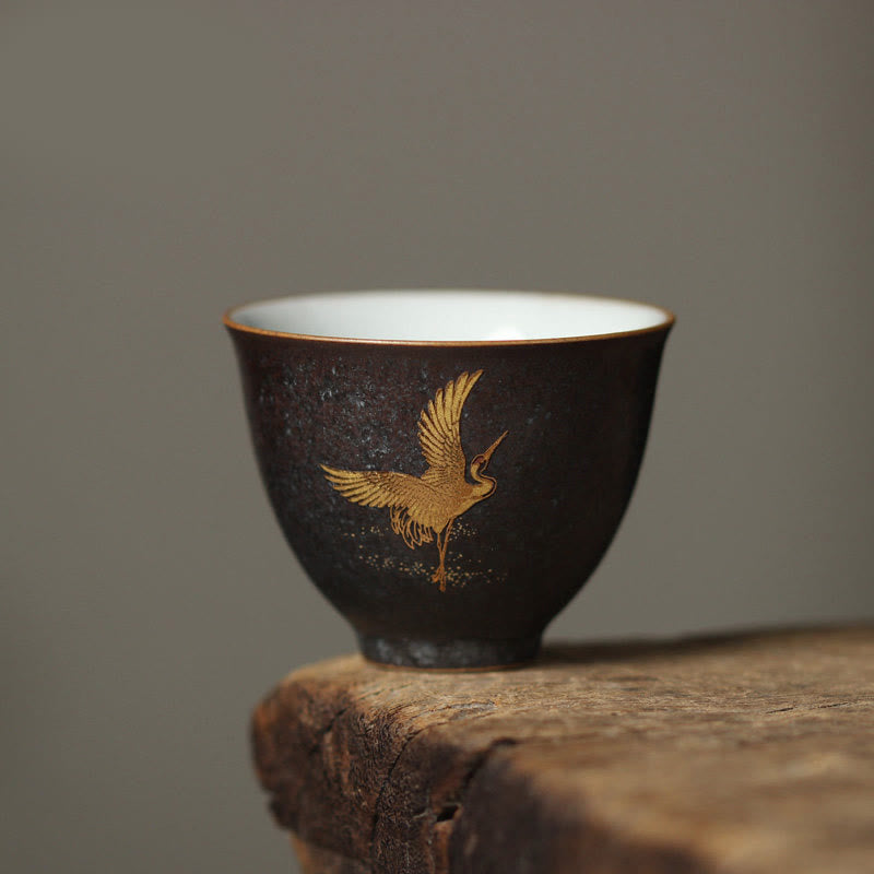 Buddha Stones Kleine handbemalte Keramik-Teetasse mit goldenem Kranichmotiv, Kung-Fu-Teetasse, 40 ml - Kranichtanz 6 cm × 4,8 cm × 40 ml - image 5