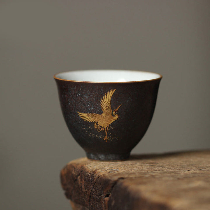 Buddha Stones Kleine handbemalte Keramik-Teetasse mit goldenem Kranichmotiv, Kung-Fu-Teetasse, 40 ml - Kranichtanz 6 cm × 4,8 cm × 40 ml - image 5