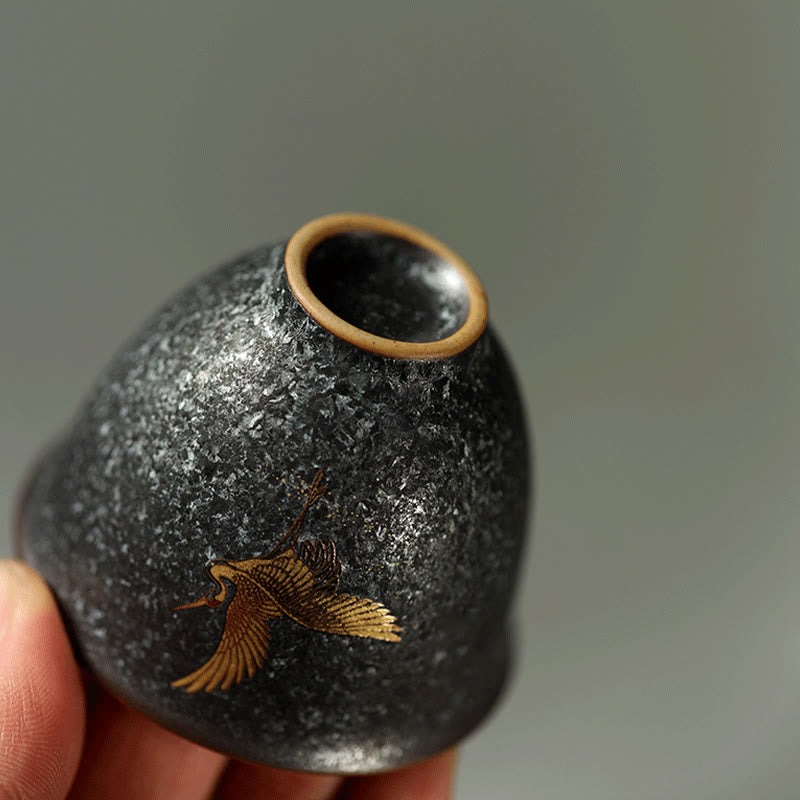Buddha Stones Kleine handbemalte Keramik-Teetasse mit goldenem Kranichmotiv, Kung-Fu-Teetasse, 40 ml - image 7