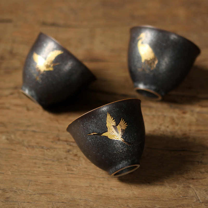 Buddha Stones Kleine handbemalte Keramik-Teetasse mit goldenem Kranichmotiv, Kung-Fu-Teetasse, 40 ml - image 8