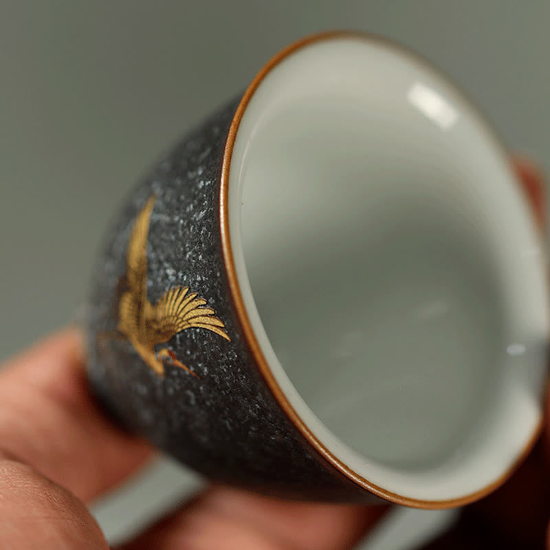 Buddha Stones Kleine handbemalte Keramik-Teetasse mit goldenem Kranichmotiv, Kung-Fu-Teetasse, 40 ml - image 6