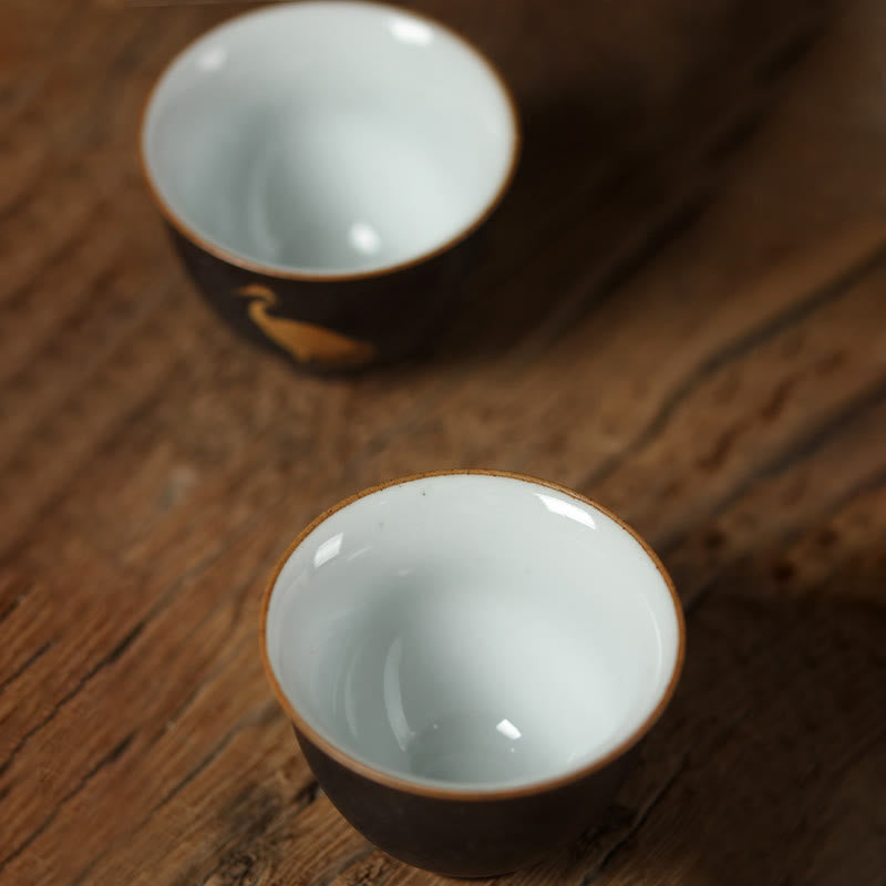 Buddha Stones Kleine handbemalte Keramik-Teetasse mit goldenem Kranichmotiv, Kung-Fu-Teetasse, 40 ml - image 9