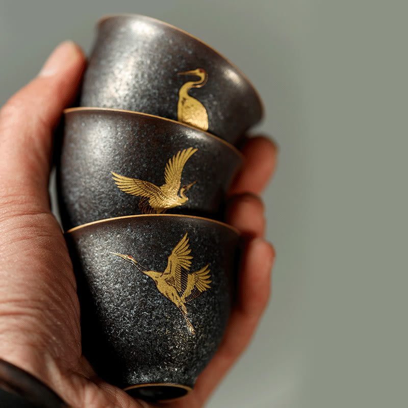 Buddha Stones Kleine handbemalte Keramik-Teetasse mit goldenem Kranichmotiv, Kung-Fu-Teetasse, 40 ml - image 10