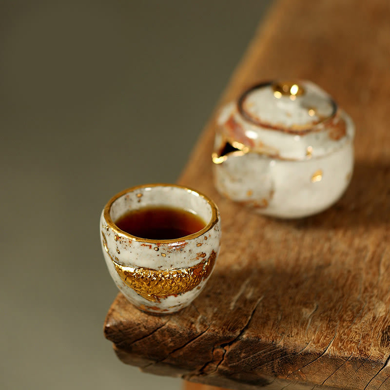 Buddha Stones Handgefertigte Teetasse aus Keramik mit goldenem Arowana-Koi-Fischmotiv, Kung-Fu-Teetasse/Teekanne - Tasse + Teekanne - image 10