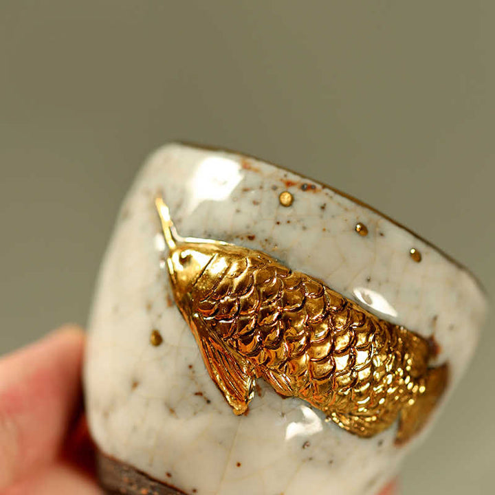 Buddha Stones Handgefertigte Teetasse aus Keramik mit goldenem Arowana-Koi-Fischmotiv, Kung-Fu-Teetasse/Teekanne - image 5